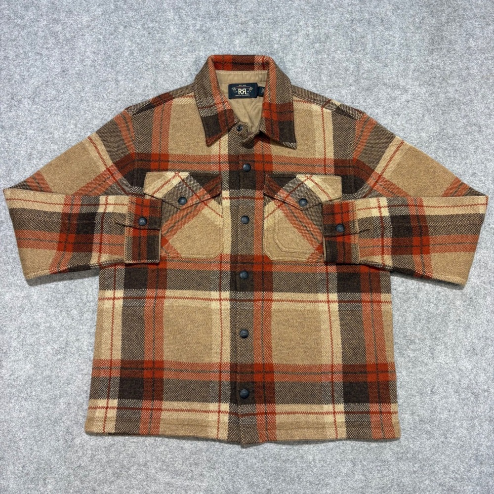 RRL Ralph Lauren Plaid Wool Blend Snap Front Workshirt Jacket Mens Medium Brown
